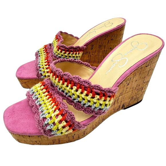 JESSICA SIMPSON 8.5 Purple Satela Cork Wedge Slip On Crochet Strap Sandals Y2K - Picture 2 of 9